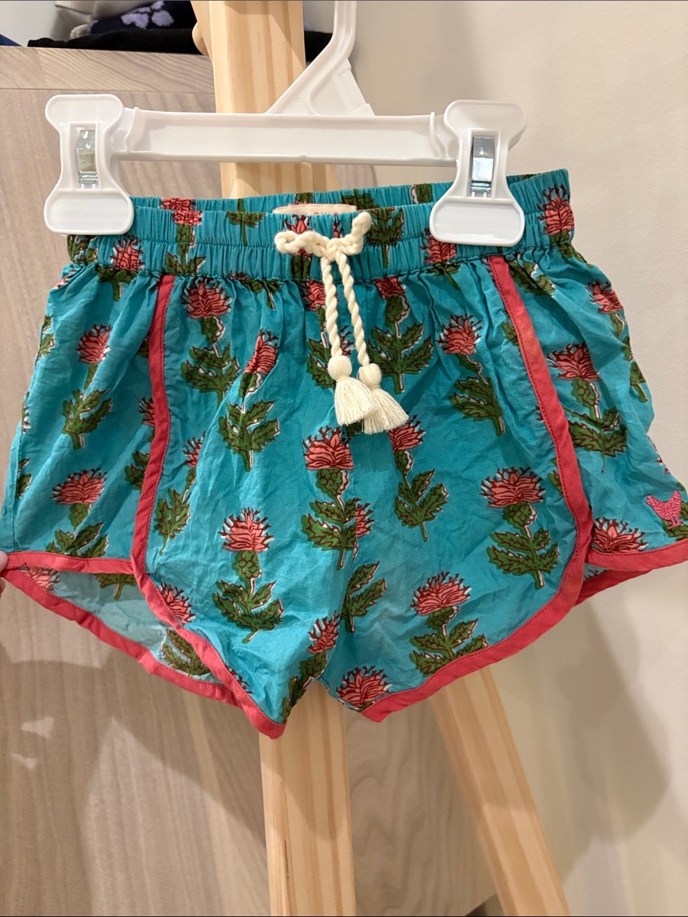 Pink Chicken Turquoise Shorts with Pink Floral Accents